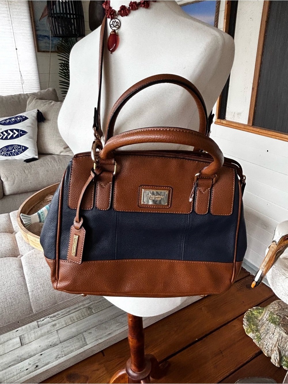 Tignanello Navy & Cognac Satchel Crossbody Bag Colorblock Faux Pebbled Leather